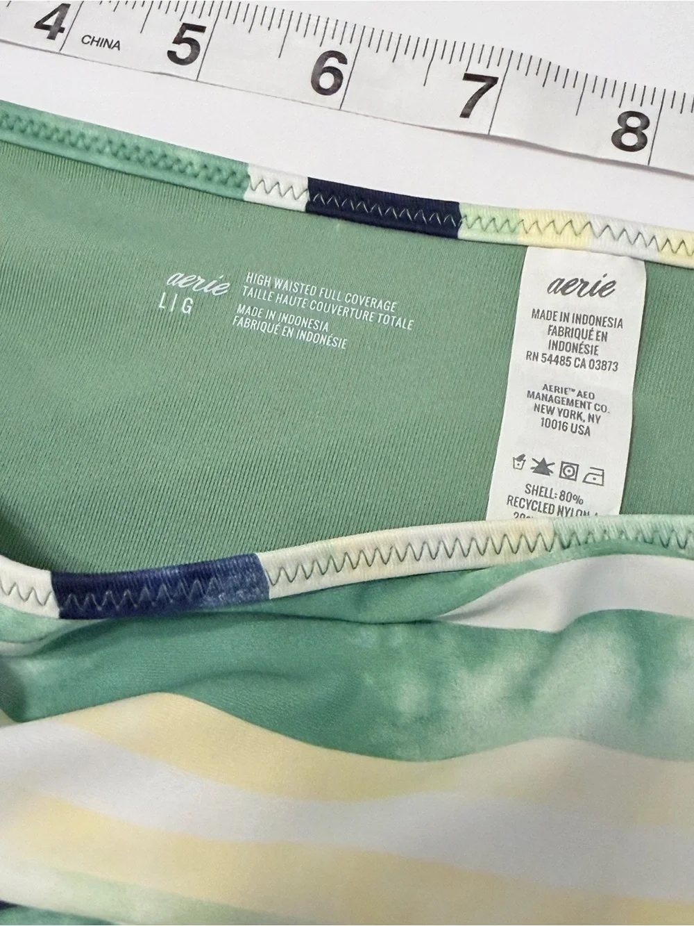 Aerie High Waisted Full Coverage Ruffle Bikini Bottoms Green Striped Tie Dye L